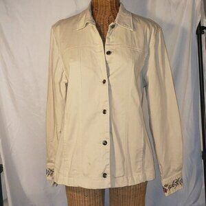 Ladies TABI Cream Denim Jacket Embroidered w/Fall Leaves - M